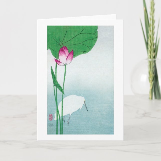 Tarjeta 蓮に白鷺, 小原古邨 Lotus y garza blanca, Koson, Ukiyo-e (Anverso)