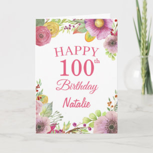 Tarjeta 100.ª acuarela Flores Florales Pink Card