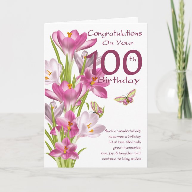 Tarjeta 100.º Cumpleaños Crocus Rosa Y Mariposa (Anverso)
