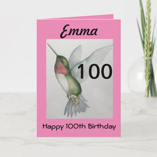 Tarjeta 100.º Cumpleaños Elegante Colibrí Rosa (Anverso)