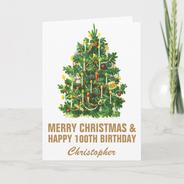 Tarjeta 100.º Feliz Cumpleaños y Feliz Árbol de Navidad (Anverso)