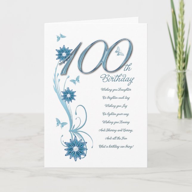 Tarjeta 100 años en verde azulado de flores y mantequilla (Anverso)