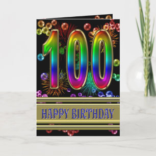 Tarjeta 100° cumpleaños con burbujas de arcoiris y fuegos 