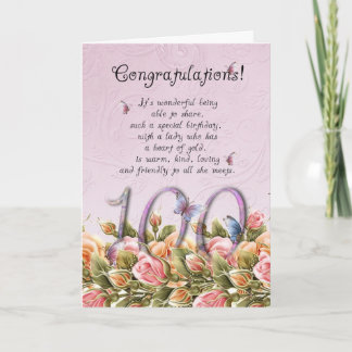 Tarjeta 100 cumpleaños con mariposas y rosas - c