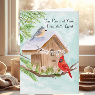 Tarjeta 100 cumpleaños felices pájaros en pajarera