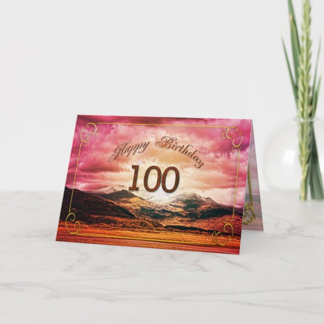 Tarjeta 100 cumpleaños, puesta del sol sobre las montañas (Anverso)