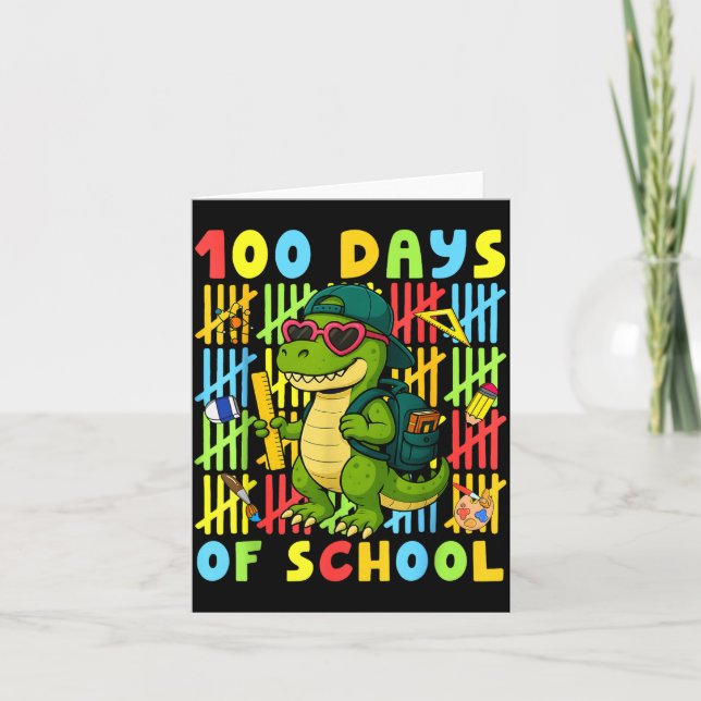 Tarjeta 100 Days Of School Funny Dinosaur T-rex Boy Girl T (Anverso)
