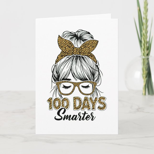 Tarjeta 100 Days Smarter Teacher Leopard Print Bow School (Anverso)