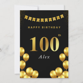 Tarjeta 100th Birthday Card Black and Gold Balloons