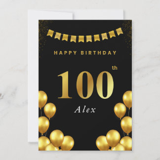 Tarjeta 100th Birthday Card Black and Gold Balloons