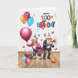 Tarjeta 100th Birthday Funny Old Man and Woman Balloons