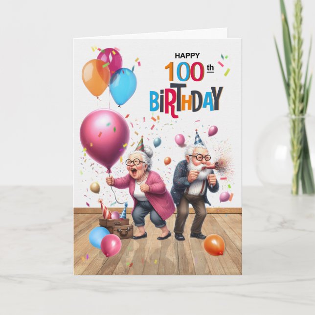 Tarjeta 100th Birthday Funny Old Man and Woman Balloons (Anverso)