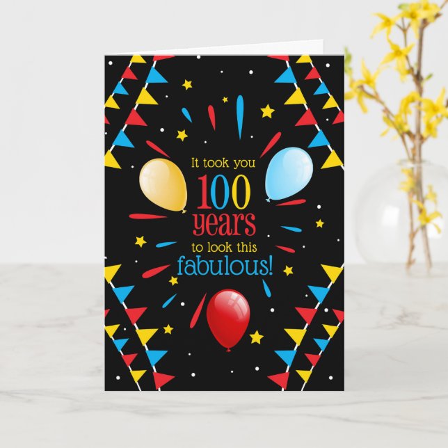 Tarjeta 100th Birthday Looking Fabulous Flags and Balloons (flor amarilla)