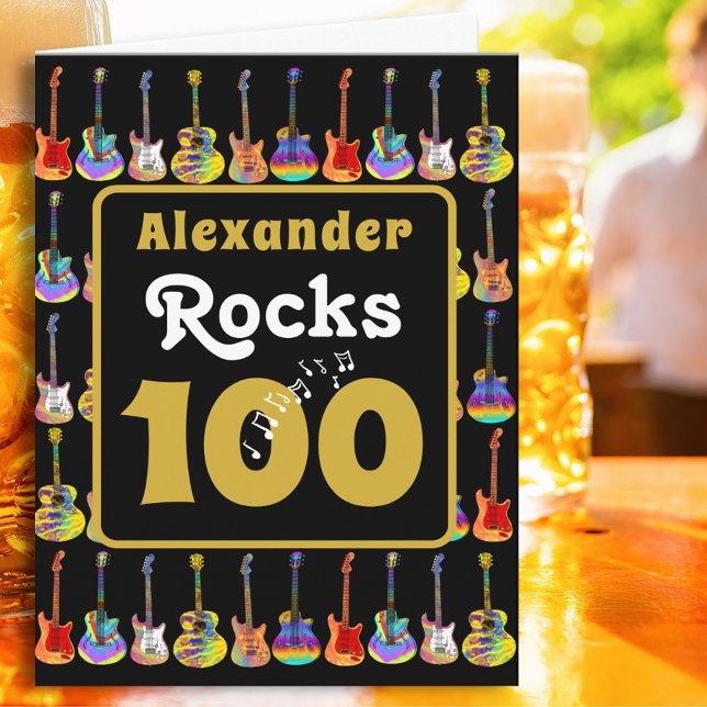 Tarjeta 100th birthday Retro Groovy Guitar Personalized (Music lovers Guitar 100th birthday personalized name rocks 100 black & gold rock & roll folded card)