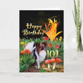 Tarjeta 101.º perro de papilón de cumpleaños en el jardín 