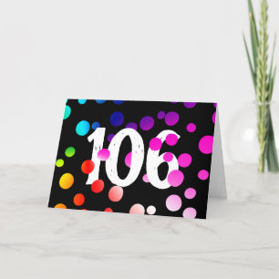 Tarjeta 106° cumpleaños con puntos de arcoiris en negro