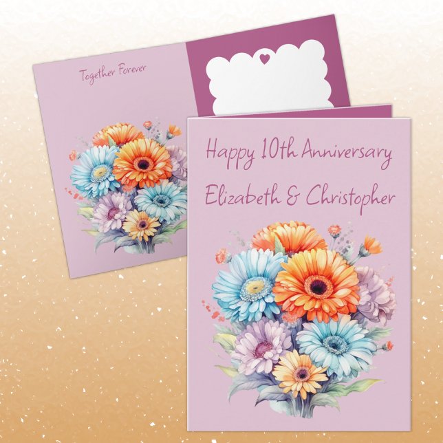 Tarjeta 10.º aniversario flores de gerbera lavanda (Subido por el creador)