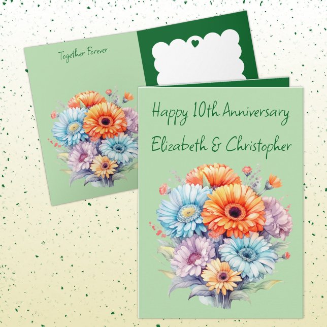 Tarjeta 10.º aniversario flores gerbera verde (Subido por el creador)