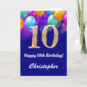 Tarjeta 10.º Balón azul y dorado de la marina de cumpleaño