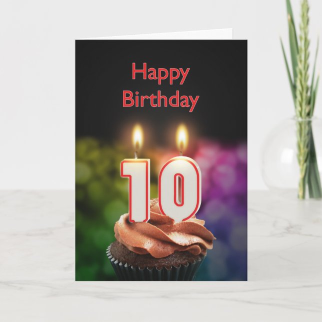 Tarjeta 10.º cumpleaños con torta y velas (Anverso)
