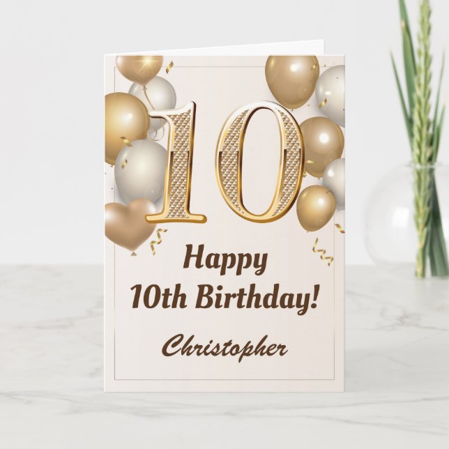 Tarjeta 10.º cumpleaños de globos de oro y cumpleaños de C (Anverso)
