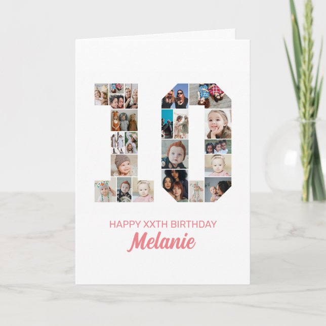 Tarjeta 10.º cumpleaños número 10 Collage de fotos persona (Anverso)