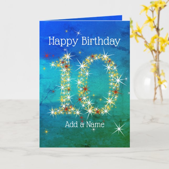 Tarjeta 10.º cumpleaños - Números de estrellas - Verde azu (flor amarilla)
