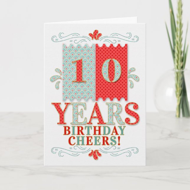 Tarjeta 10.º cumpleaños para niños o Chicas en rojo y azul (Anverso)