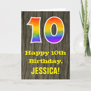 Tarjeta 10.º cumpleaños: Rustic Faux Wood Look, Rainbow "1