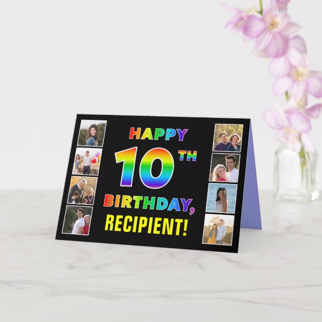 Tarjeta 10.º cumpleaños: texto arcoiris, fotos y nombre de (Orquídea)