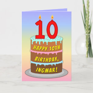 Tarjeta 10.º cumpleaños — Torta divertida y velas, con nom
