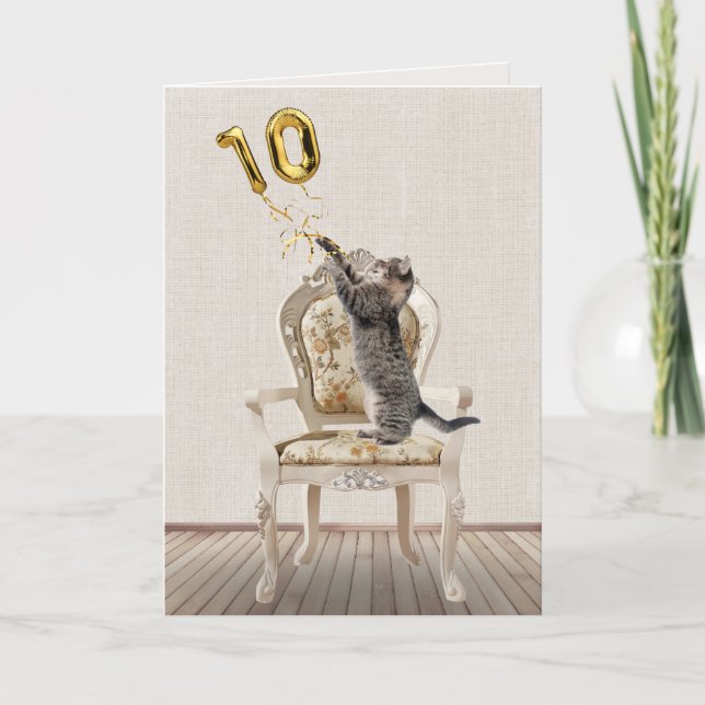 Tarjeta 10.º globo de cumpleaños y gato tabby (Anverso)
