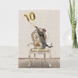 Tarjeta 10.º globo de cumpleaños y gato tabby