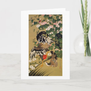 Tarjeta 10. 芙蓉双鶏図, hibisco y gallo chinos, Jakuchū del 若冲