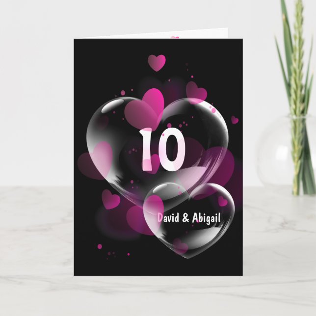 Tarjeta 10° aniversario burbujas de corazón en negro (Anverso)