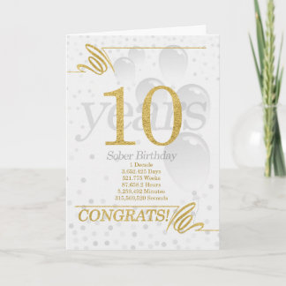 Tarjeta 10 años Sober Cumpleaños Faux Gold Purpurina