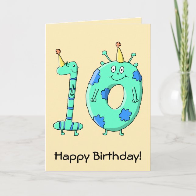 Tarjeta 10mo Dibujo animado del cumpleaños, verde verde (Anverso)