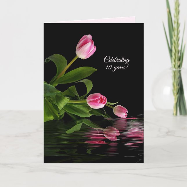 Tarjeta 10th anniversary pink tulips in water (Anverso)