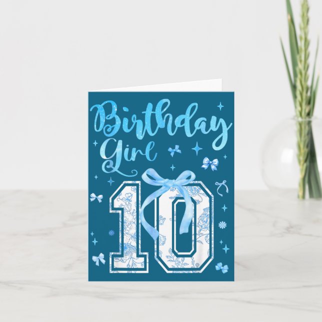 Tarjeta 10th Birthday Girl Blue Toile Coquette Bow 10 Year (Anverso)