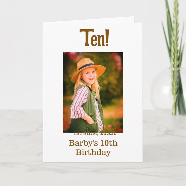 Tarjeta 10th birthday photo name date simple brown beige b (Anverso)