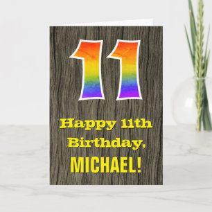 Tarjeta 11º Cumpleaños: Aspecto de Madera Rústica Falsa, "