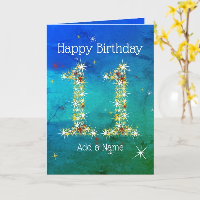Tarjeta 11º cumpleaños - Estrellas - Verde azul - 11 años (flor amarilla)