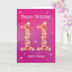 Tarjeta 11º cumpleaños - número 11 en las estrellas - rosa