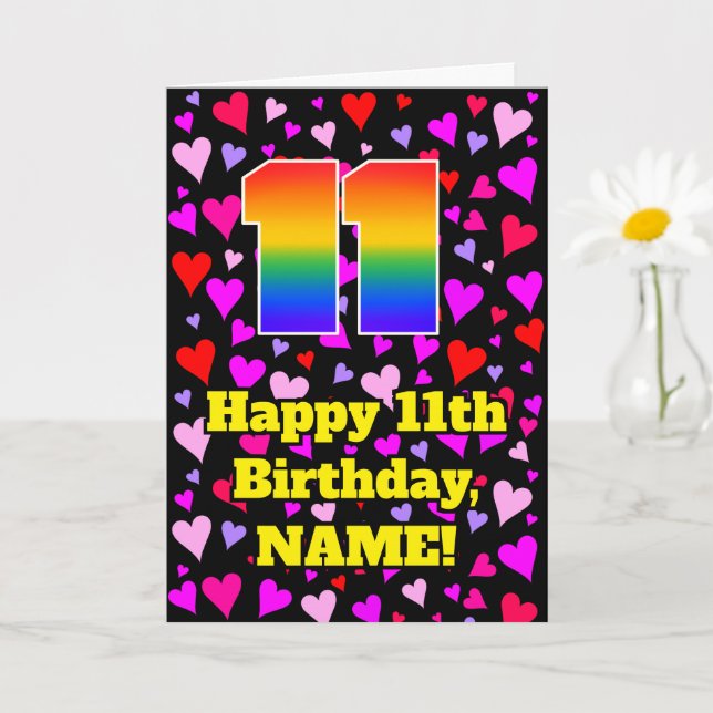 Tarjeta 11º cumpleaños: Patrón de corazones amorosos, arco (Planta pequeña)