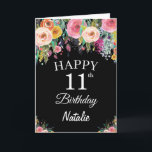Tarjeta 11.ª acuarela Flores Florales Negras<br><div class="desc">11.ª acuarela Floral Flowers Black Card con nombre y edad personalizados. Para una mayor personalización,  haga clic en el botón "Personalizar" y utilice nuestra herramienta de diseño para modificar esta plantilla.</div>