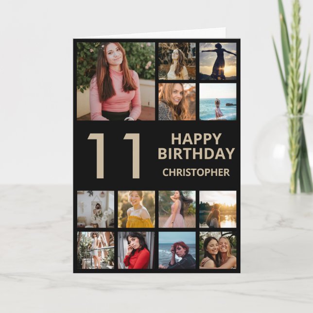 Tarjeta 11.º Collage de fotos de cumpleaños 13 fotos negro (Anverso)