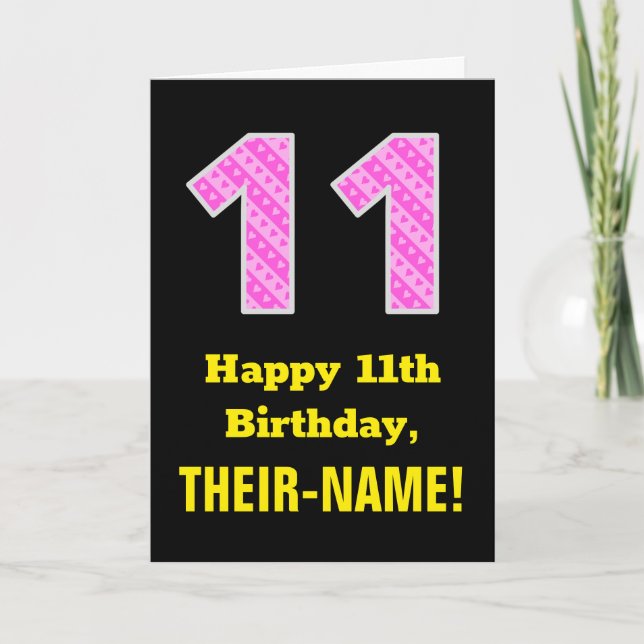 Tarjeta 11.º Cumpleaños: Corazones y franjas rosadas "11"  (Anverso)