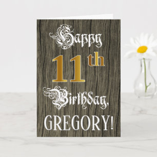 Tarjeta 11.º Cumpleaños: Faux Gold Look + Faux Wood Patter