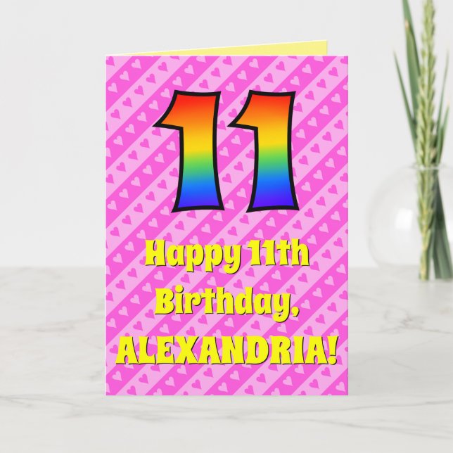 Tarjeta 11.º cumpleaños: Rayas y corazones rosas, arcoiris (Anverso)
