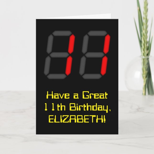 Tarjeta 11.º cumpleaños: Red Digital Clock Style "11" + No (Anverso)